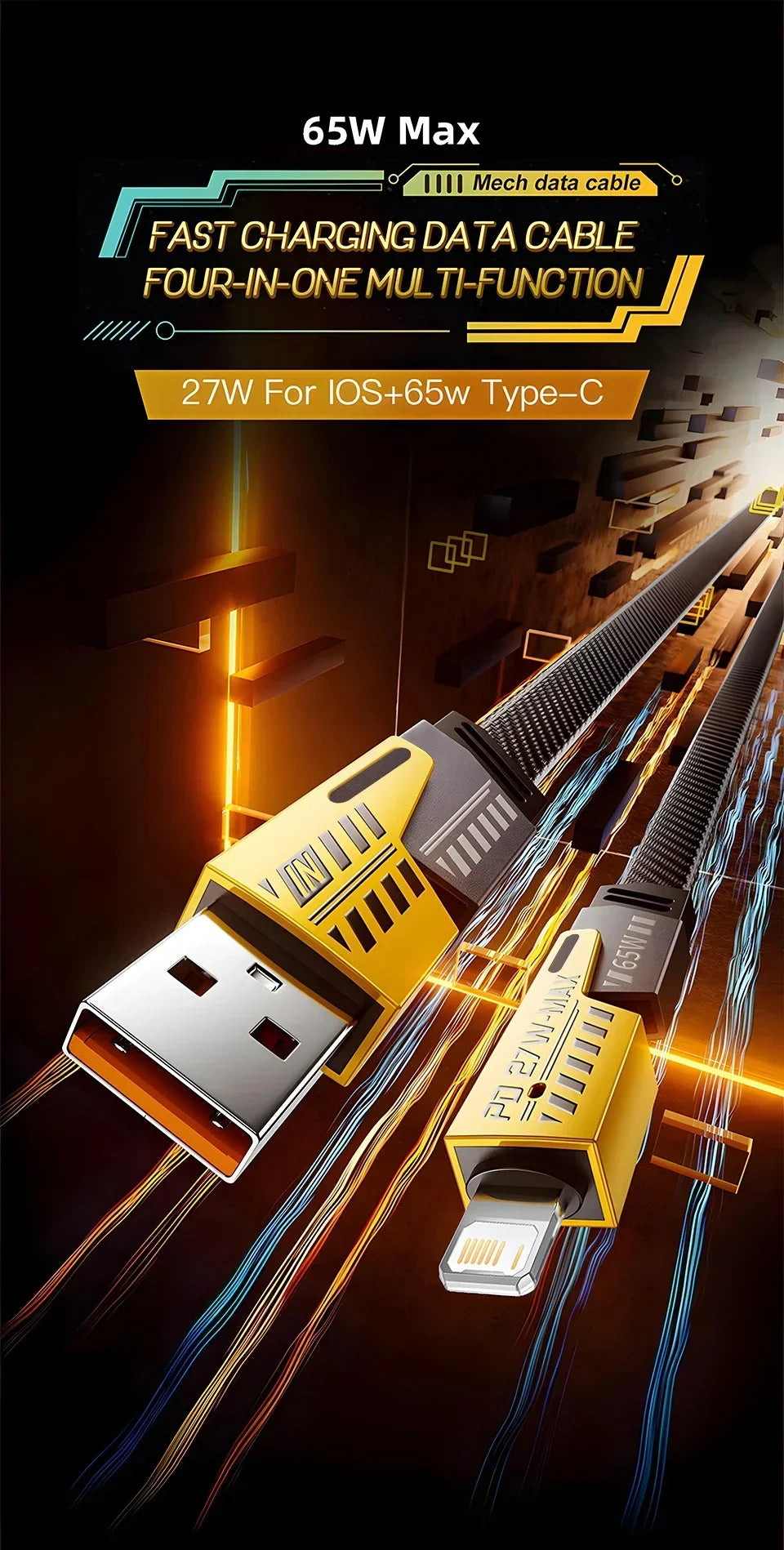 4-in-1 Fast Charging Cable, 65W PD QC Mecha Cable for Android/iPhone, USB C Multi-Port Quick Charge Wire
