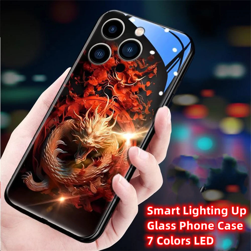 iPhone Black Dragon Phone Case LED Light Glass Shockproof Cover