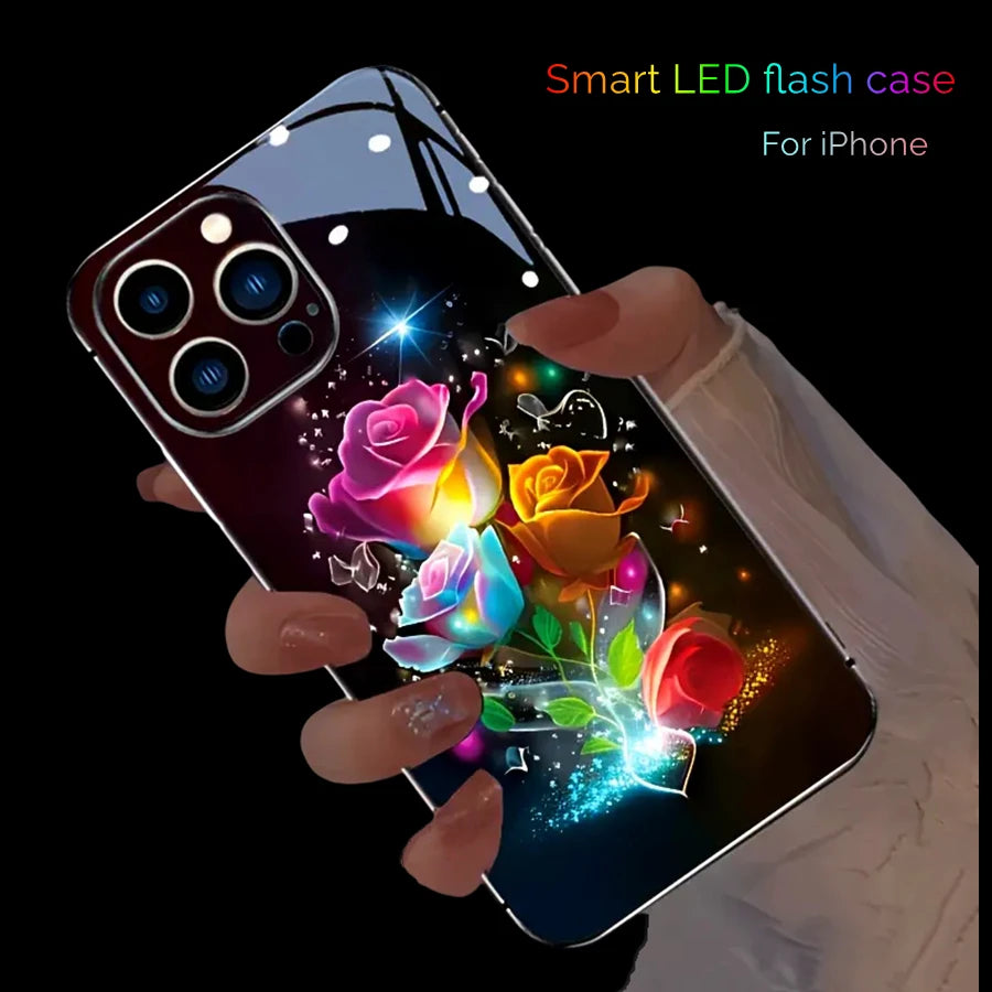 iPhone Flower Smart LED Light Luminous Tempered Glass Back Cover