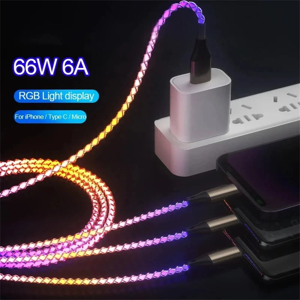 6A 66W USB C Cable 3 in 1 Super Fast Charging Colorful Luminous Data Cable For iPhone Huawei Xiaomi One Drag Three Charging Wire