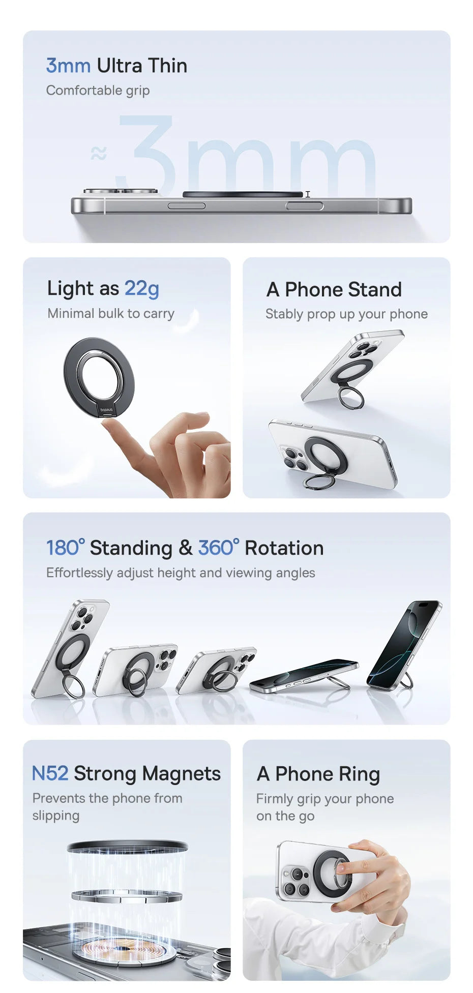 Baseus Ultra Thin Magnetic Ring Stand 360° Rotation 180°