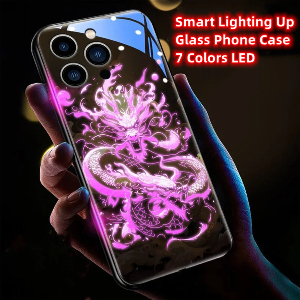 iPhone Black Dragon Phone Case LED Light Glass Shockproof Cover