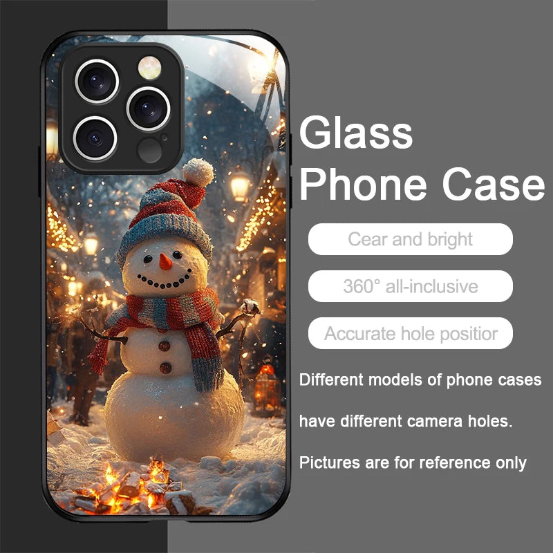 iPhone Winter Christmas Snowman Pattern Tempered Glass Phone Case