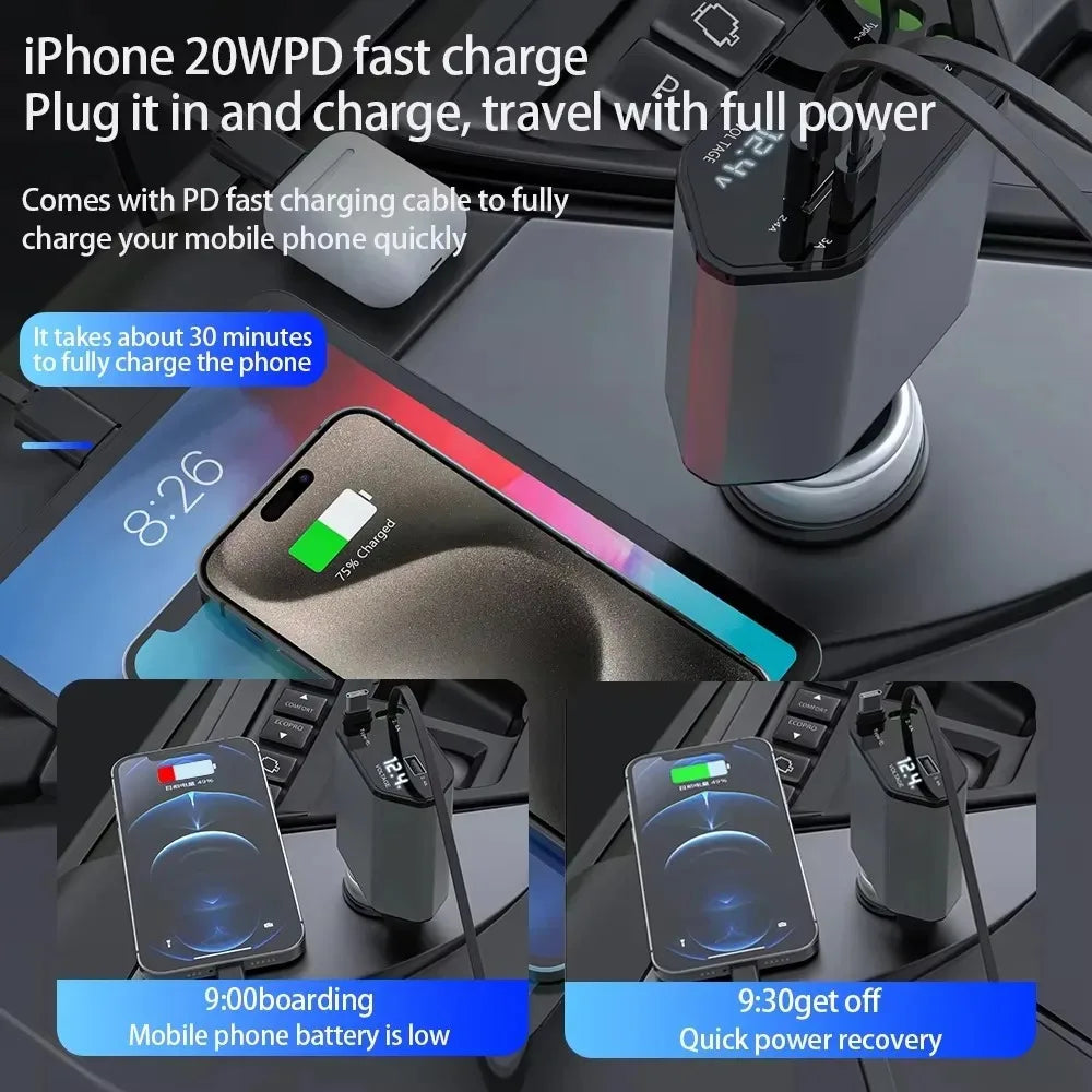 Fast Charging 4-in-1 Telescopic Car Charger For iPhone iPad Galaxy Pixel HUAWEI Mobile Phone Charger Extension Cable High Speed