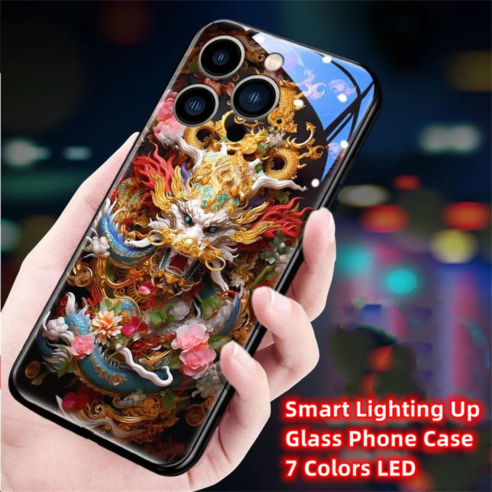 iPhone Black Dragon Phone Case LED Light Glass Shockproof Cover
