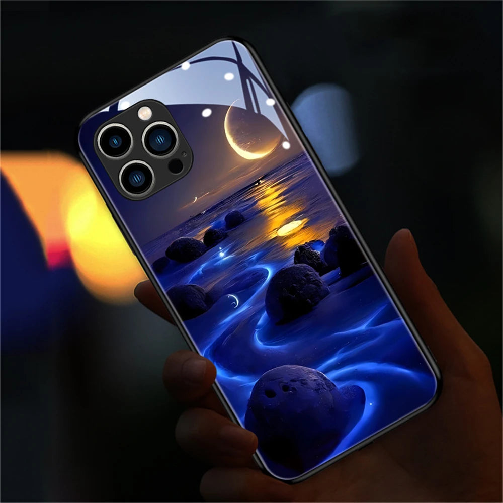 iPhone Beach Smart LED Light Glow Tempered Glass Phone Case