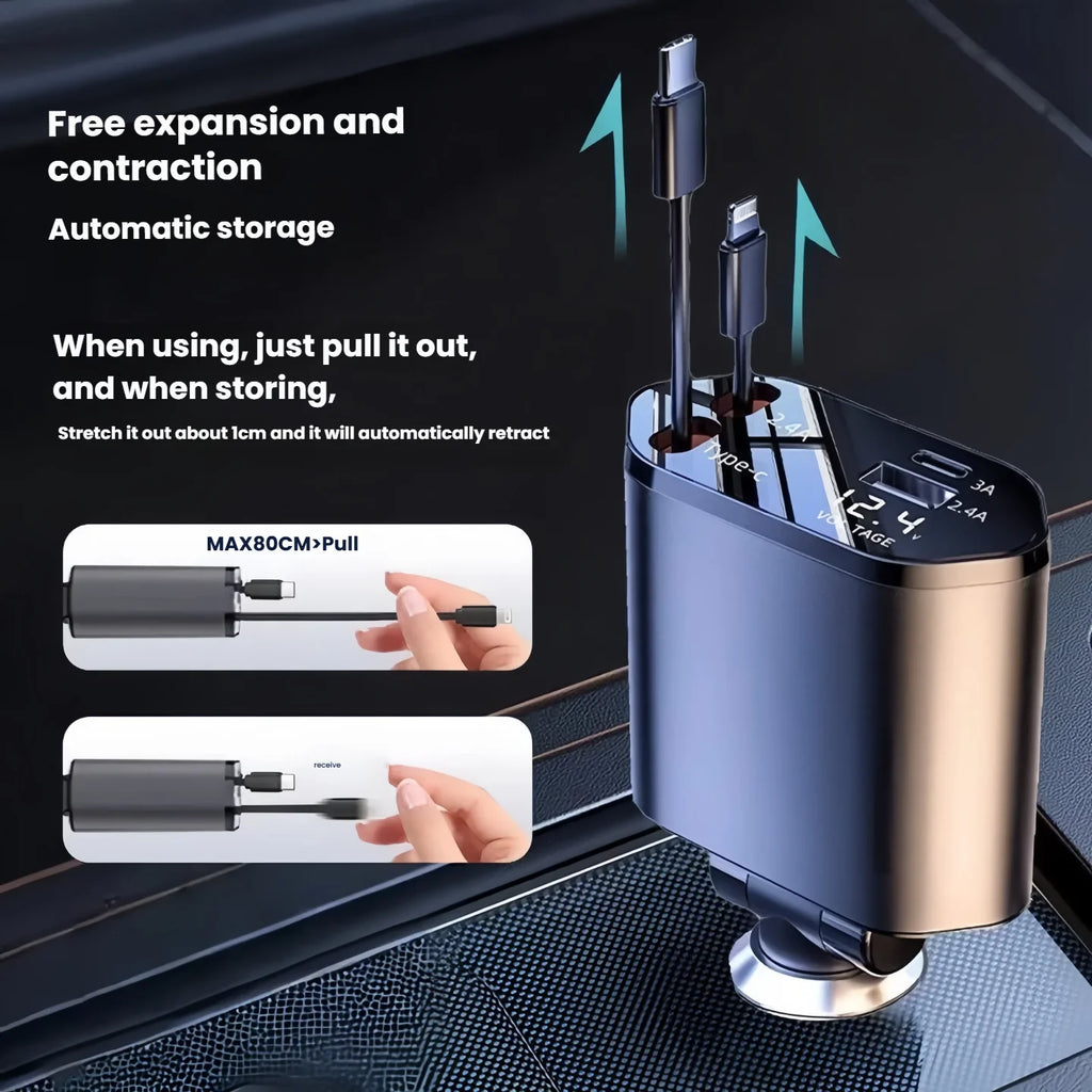Fast Charging 4-in-1 Telescopic Car Charger For iPhone iPad Galaxy Pixel HUAWEI Mobile Phone Charger Extension Cable High Speed