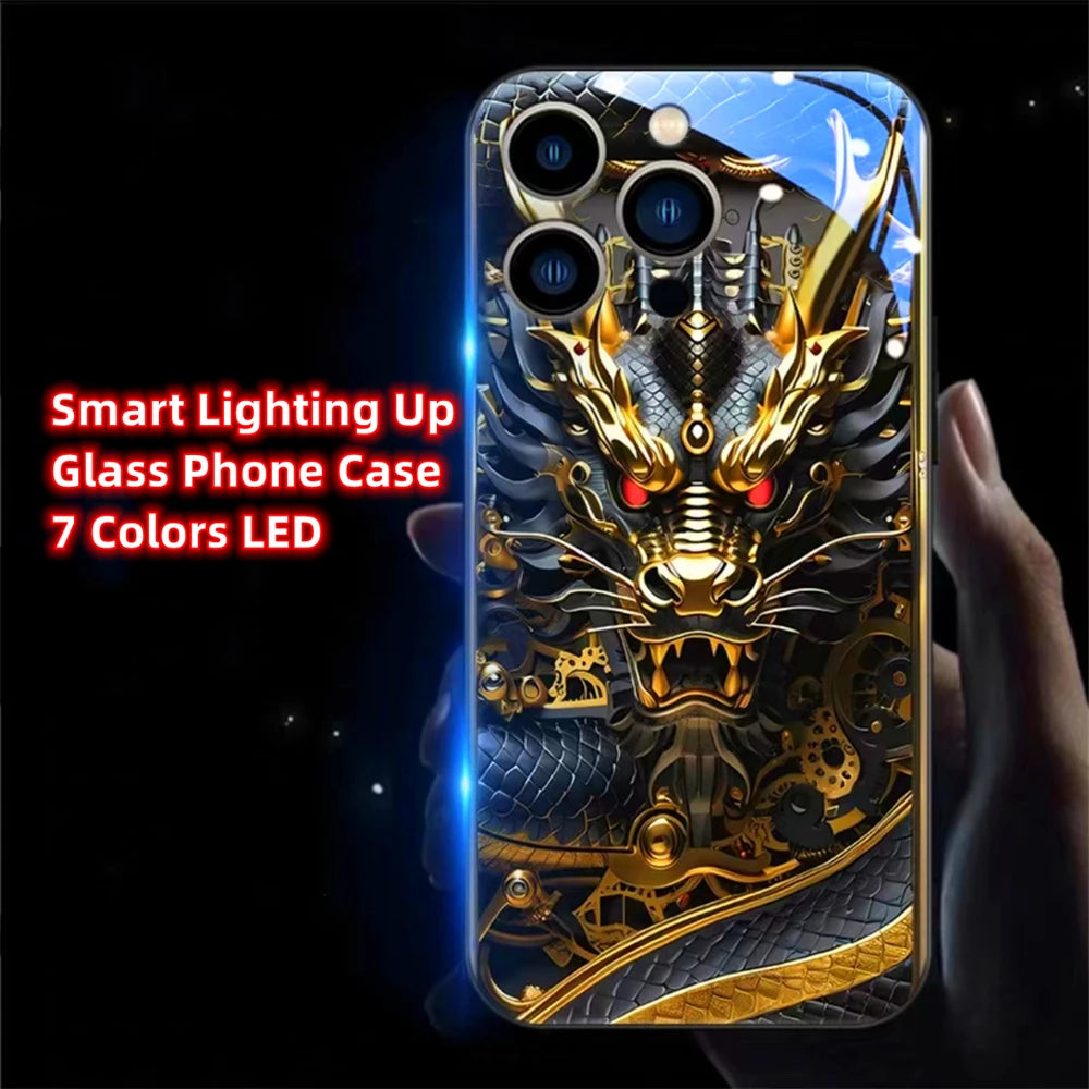 iPhone Black Dragon Phone Case LED Light Glass Shockproof Cover
