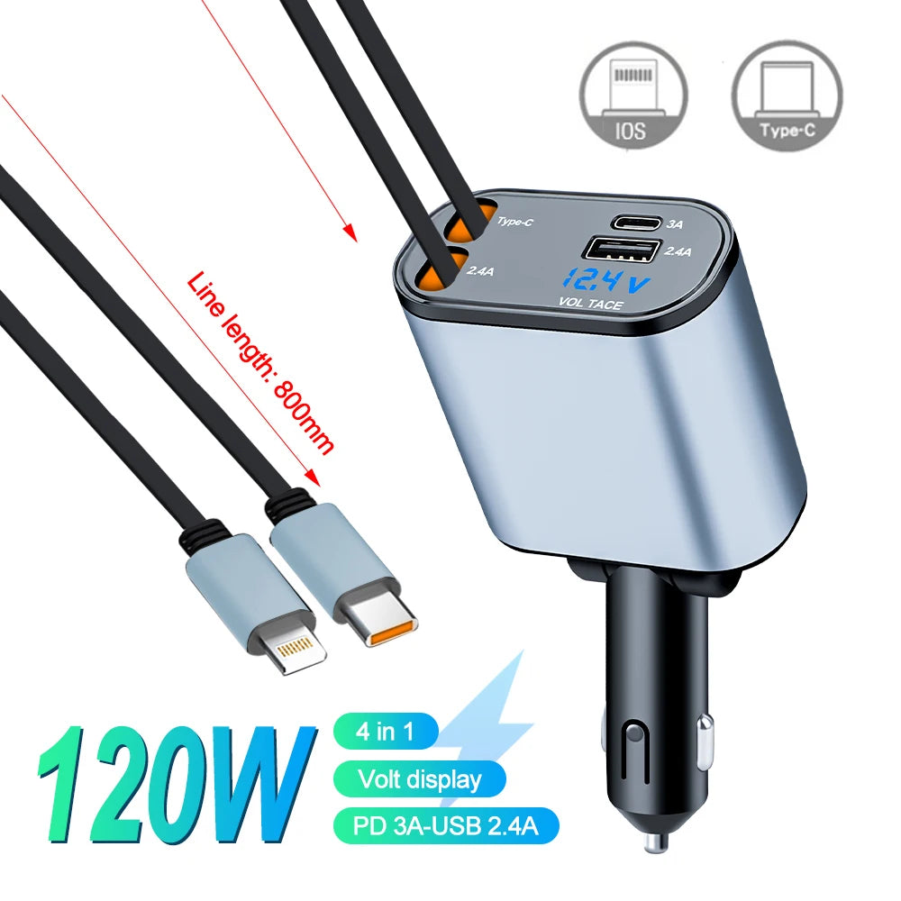 4-in-1 Car Charger with 2 Retractable Cable 120W Fast Charger Power Adapter Car Charger With Starlight For IOS Android Phones