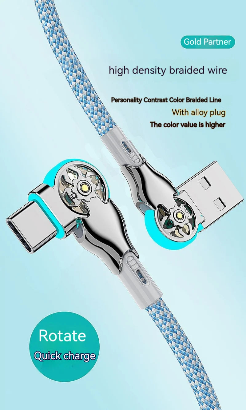 Fast Charging Cable 180 Degree Elbow Rotation USB A to Type C Cable with Light Zinc Alloy Braided Data Cable USB Micro Charger