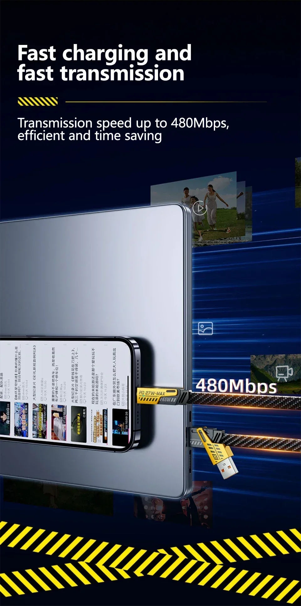 4-in-1 Fast Charging Cable, 65W PD QC Mecha Cable for Android/iPhone, USB C Multi-Port Quick Charge Wire