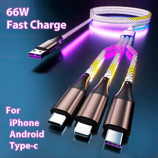66W 3 in1 USB Cable Type C Colorful Streamer Glowing Line