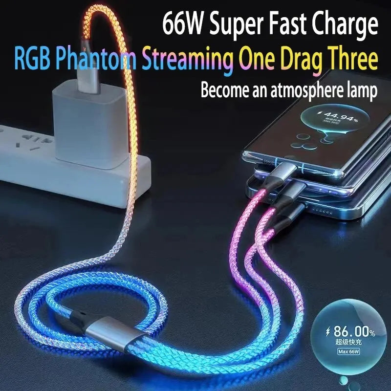 6A Fast Charging Light Gradient Car Charging Cable USB 3 In 1 Universal