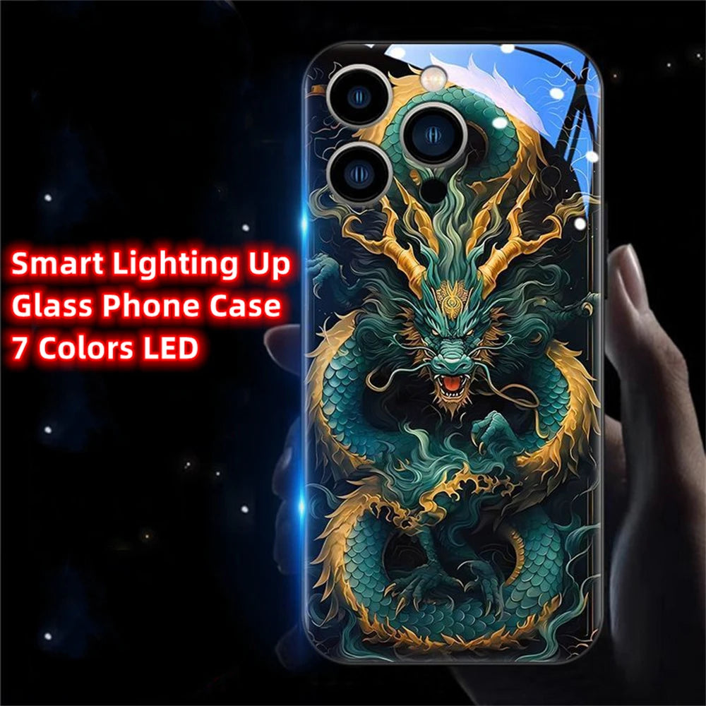 iPhone Black Dragon Phone Case LED Light Glass Shockproof Cover